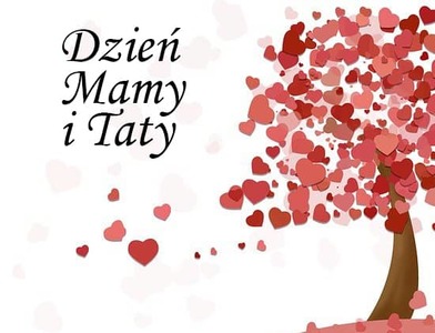 Grafika przedstawiająca drzewo z liśćmi w kształcie serc z napisem: dzień mamy i taty.