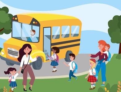 Autobus szkolny i matki z uczniami. 
<a href='https://pl.freepik.com/wektory/szkola'>Szkoła plik wektorowy utworzone przez stockgiu - pl.freepik.com</a>