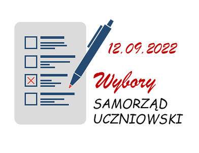 Grafika z symboliczną kartą do głosowania. Napisy: wybory, Samorząd Uczniowski, data 12.09.2022.