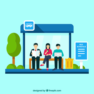 Grafika przedstawiająca przystanek autobusowy z trzema siedzącymi osobami. Image by <a href="https://www.freepik.com/free-vector/bus-stop-people-with-flat-design_2365469.htm#query=autobus%20przystanek&position=25&from_view=search&track=ais&uuid=2c7c4fb6-a593-49c0-98c1-116bbe6c4260">Freepik</a>