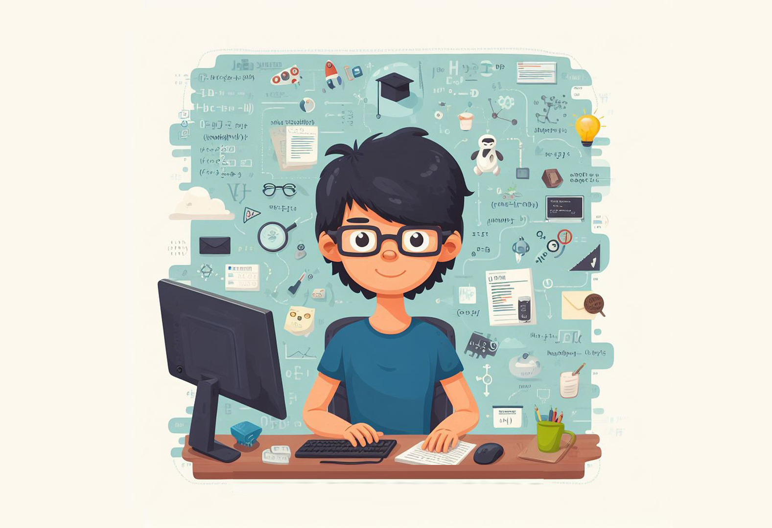 Grafika poglądowa z serwisu Pixabay. Uczeń przed komputerem.