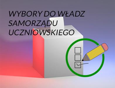 Grafika przedstawiająca urnę do głosowania, zawiera tekst: wybory do władz samorządu uczniowskiego.