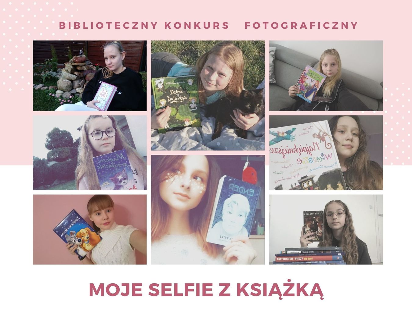 Uczestnicy konkursu bibliotecznego: "Moje selfie z książką"