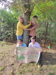 Uczniowie na tle drzewa z banerem "Strażnicy lasu"