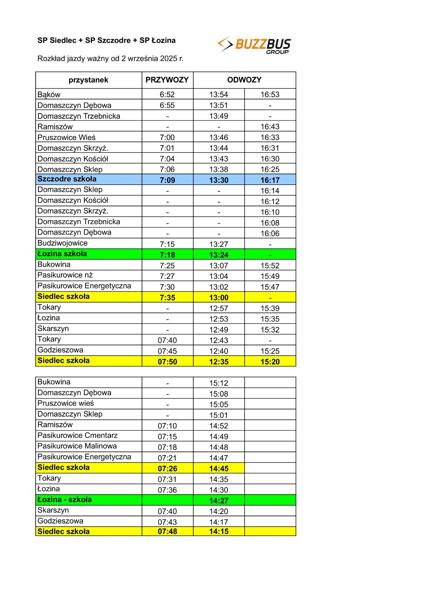 Rozkład jazdy autobusu szkolnego od 02.09.2025 r.