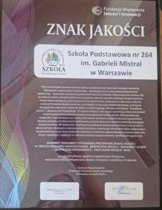 OTRZYMALIŚMY ZNAK JAKOŚCI W KATEGORII BEZPIECZNA SZKOŁA - ŚWIADOMY UCZEŃ
