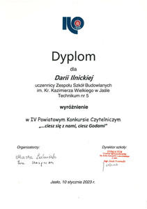 Wyróżnienie dla uczennicy Zespołu Szkół Budowlanych w Jaśle - Darii Ilnickiej.