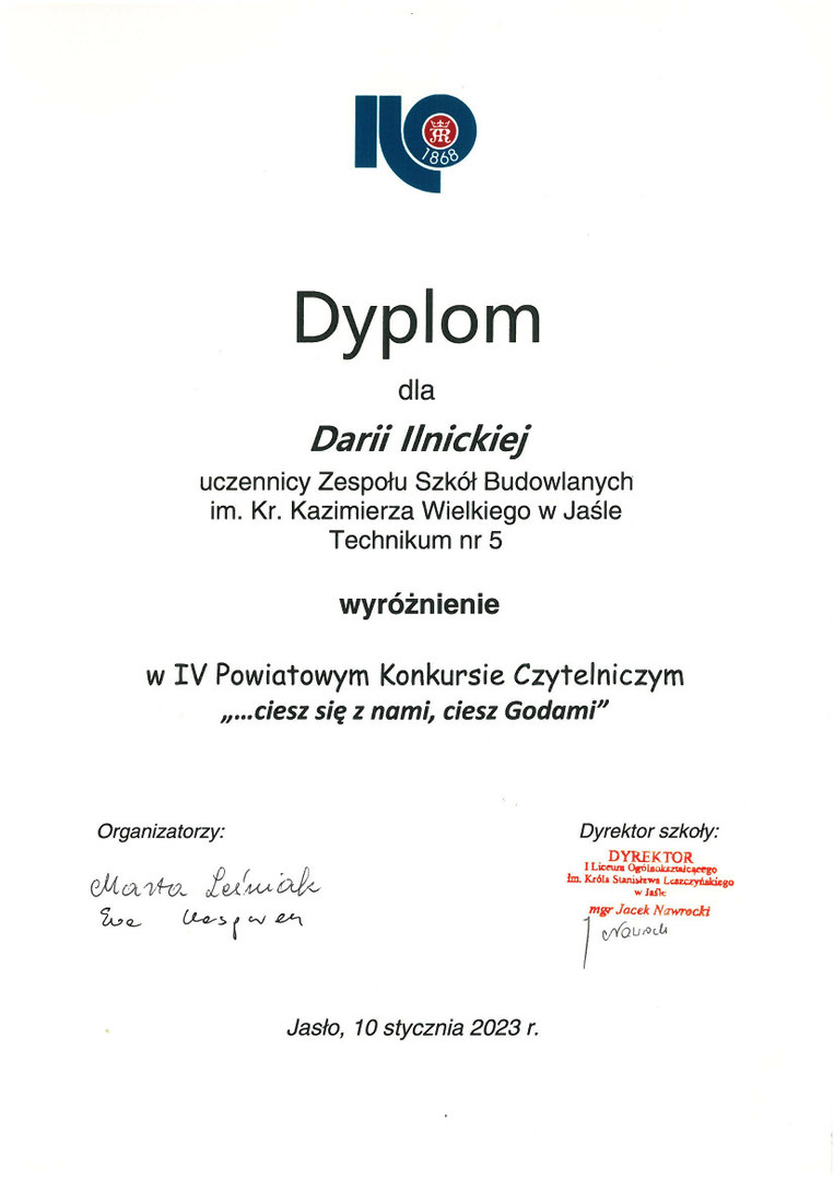 Wyróżnienie dla uczennicy Zespołu Szkół Budowlanych w Jaśle - Darii Ilnickiej.