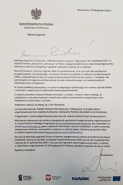Treść listu od Ministra Cyfryzacji.