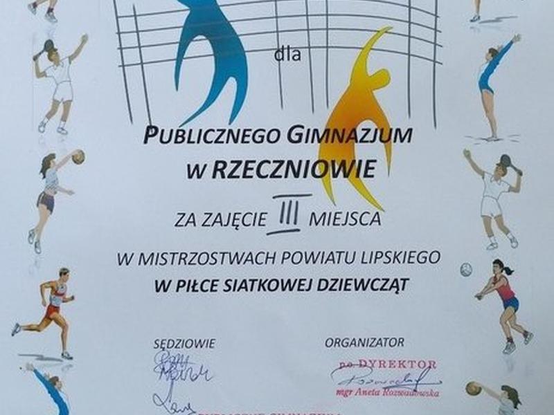 Dyplom za zajęcie III miejsca w Mistrzostwach Powiatu Lipskiego 