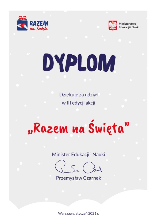 Dyplom za udział w akcji "Razem na święta".