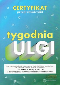 Certyfikat potwierdzający udział szkoły w projekcie "Tydzień ulgi".