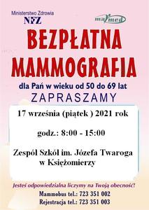 Plakat informacyjny o badaniu mammograficznym 17 września 2021