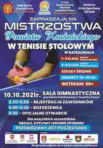 Plakat informujący o mistrzostwach powiatu kraśnickiego w tenisie stołowym w dniu 10 października 2021 roku