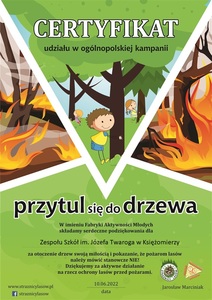 Certyfikat ogólnopolskiej kampanii "Przytul się do drzewa"