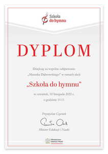 Dyplom za udział w akcji „Szkoła do hymnu”