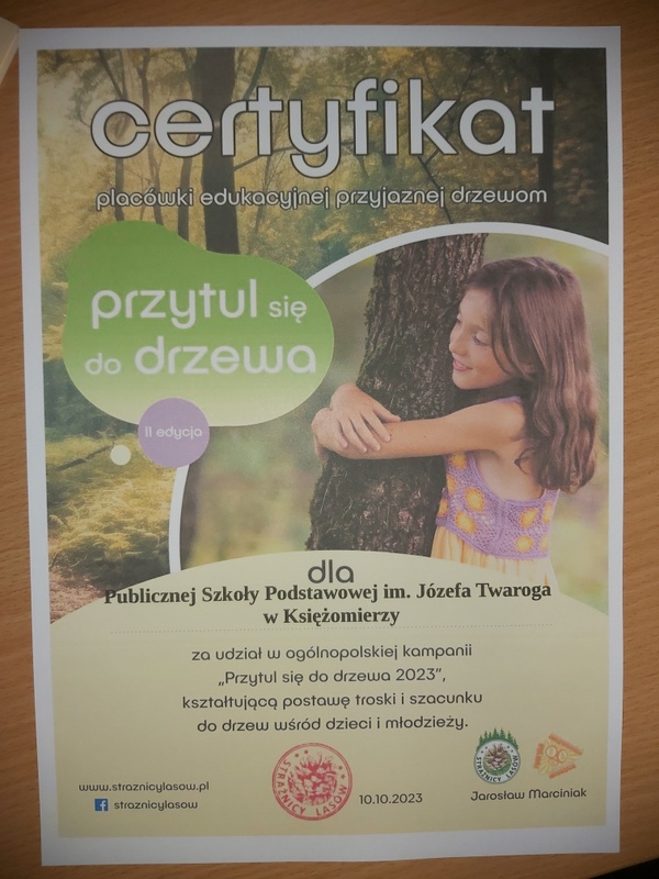 Certyfikat placówki edukacyjnej Przyjaznej Drzewom