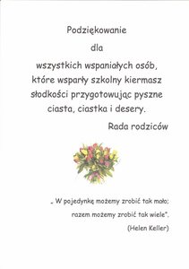 Kiermasz ciast - podziękowanie Rady Rodziców