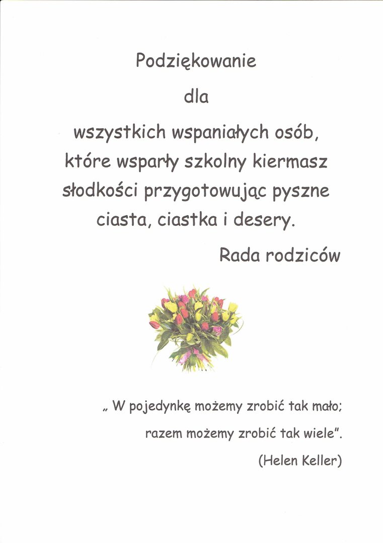 Kiermasz ciast - podziękowanie Rady Rodziców