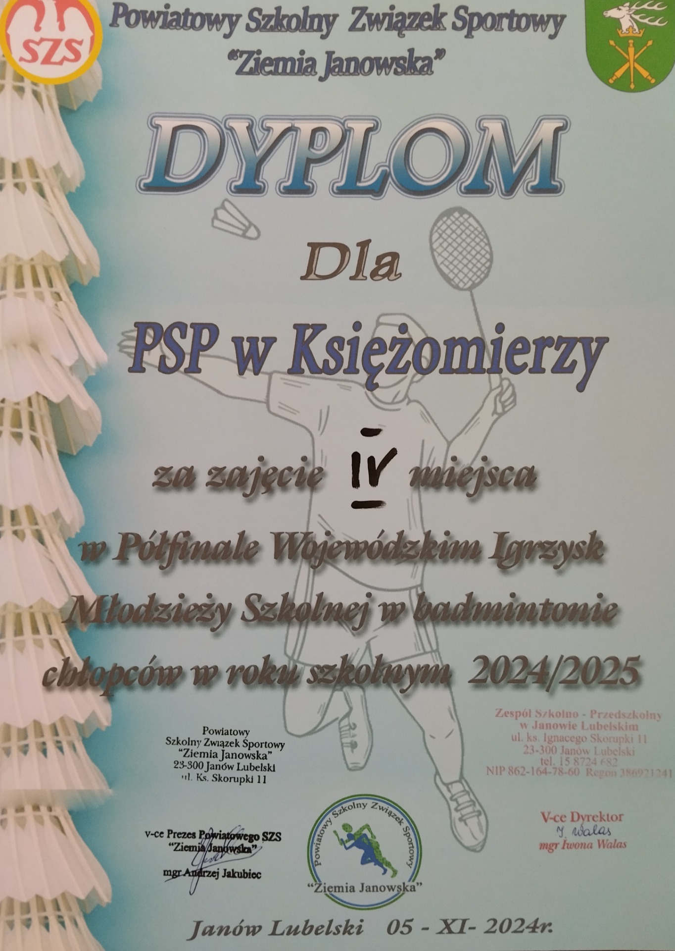 Dyplom za zajęcie IV miejsca