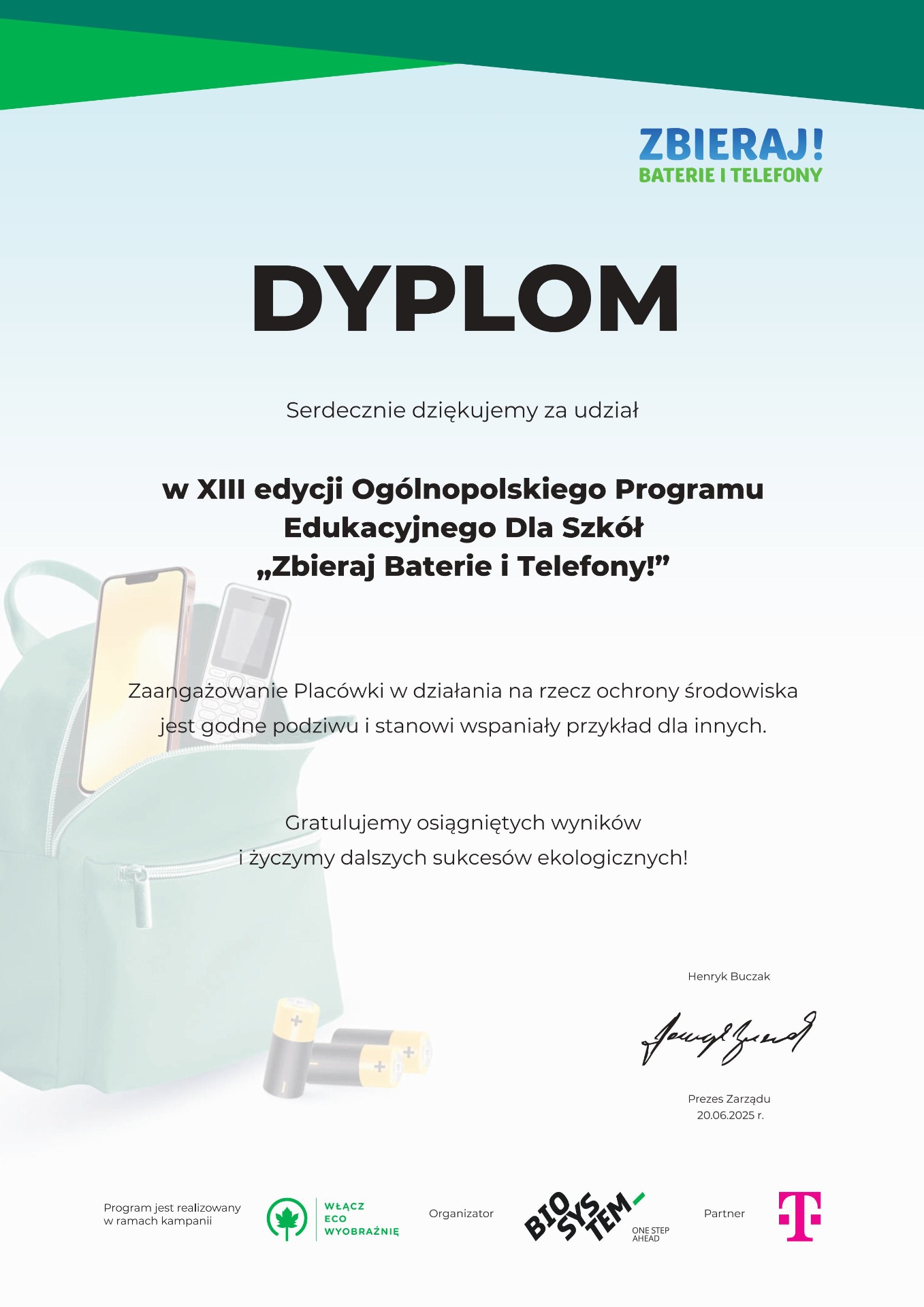 Ogólnopolski Program Edukacyjny dla Szkół – ZBIERAJ BATERIE I TELEFONY!