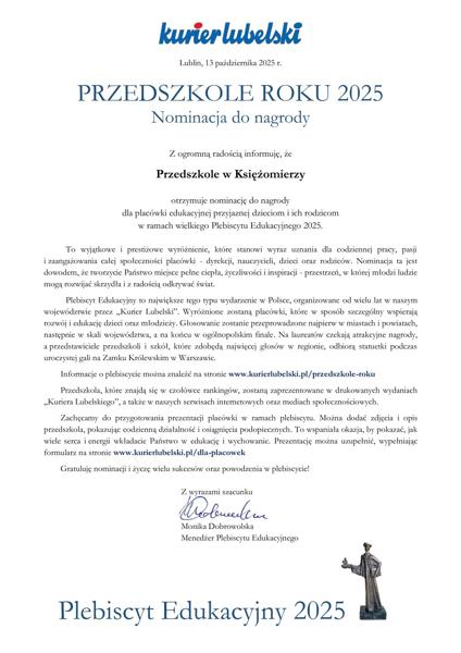Nominacja Publicznego Przedszkola w Księżomierzy