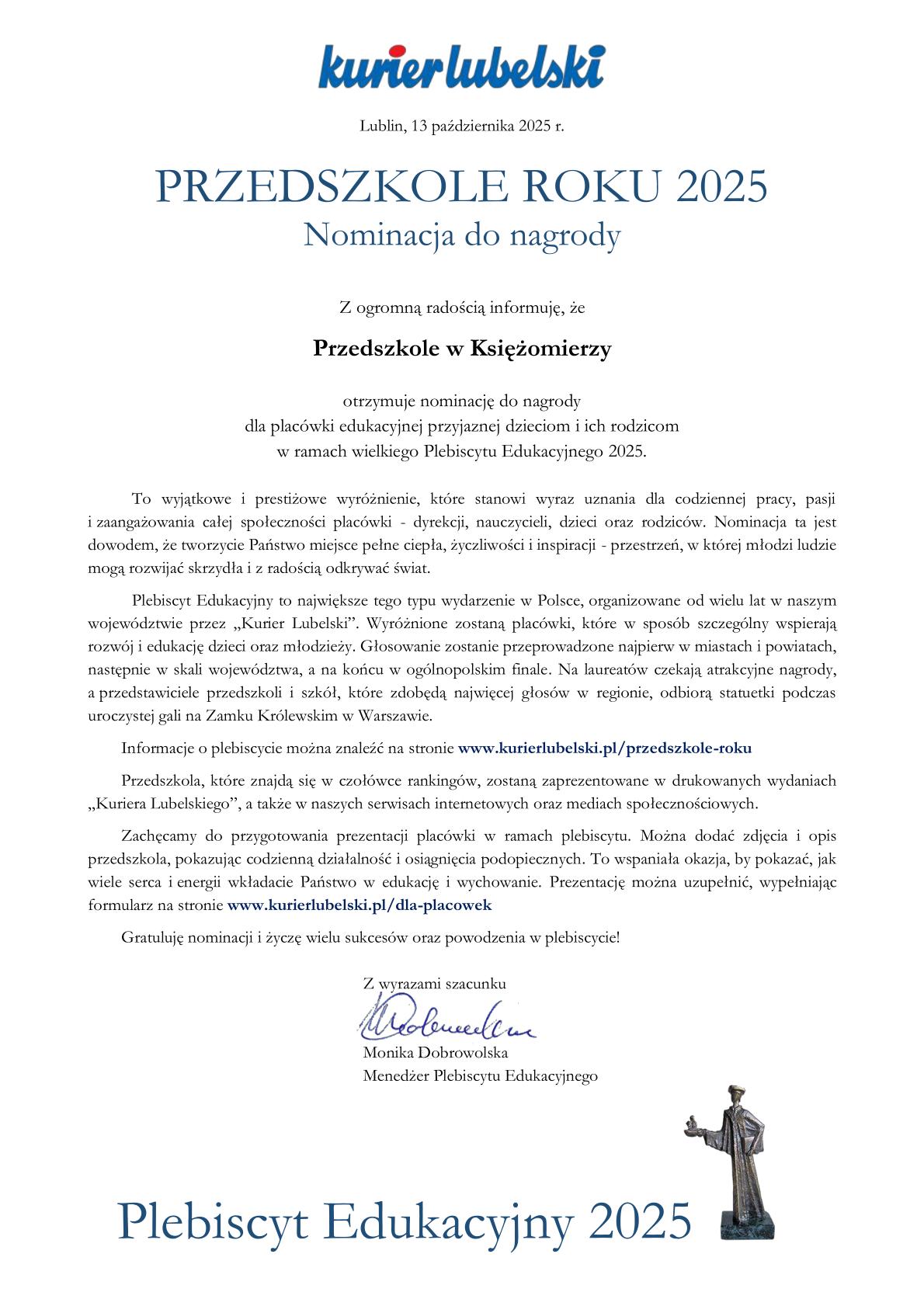 Nominacja Publicznego Przedszkola w Księżomierzy