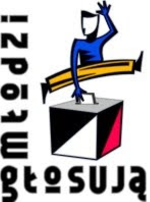 Logo z urną i postacią wkładającą kartkę. Na białym tle napis młodzi głosują.