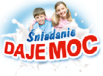 Dzieci na tle mleka. Przed nimi napis sniadanie daje moc.