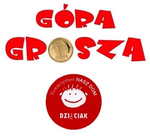 Logotyp akcji Góra Grosza. Czerwony napis, zamiast litery O moneta 1 grosz
