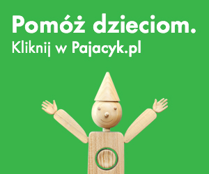 Logotyp akcji Pajacyk Polskiej akcji humanitarnej, Rysunek. Drewniany pajacyk, na górze napis Pomóż dzieciom