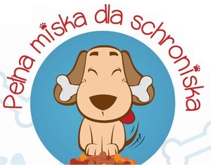 Logotyp, rysunek pies trzyma kość. U góry napis Pełna miska dla schroniska