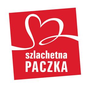 Logotyp akcji Szlachetna Paczka. Na czerwonym tle biała linia krzywa układająca się na kształt serca