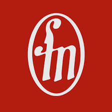 Logotyp Filharmonii Narodowej. Na czerwonym tle białe litery FN w białym owalu