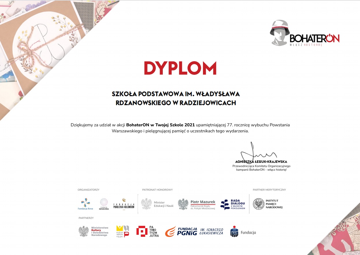 Grafika. Dyplom dla szkoły za udział w akcji BohaterON