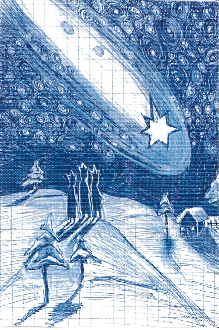 Grafika. Pocztówka świąteczna. Spadająca gwiazda i trzej królowie