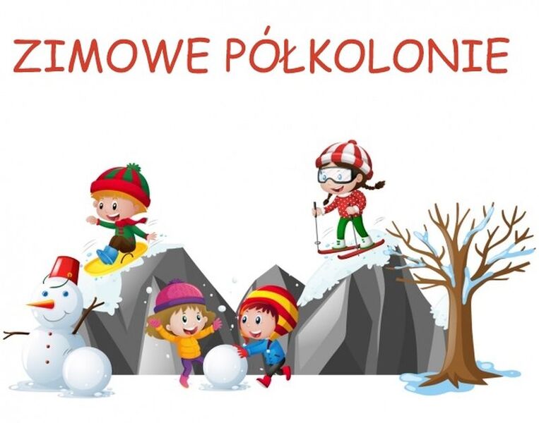Zimowe półkolonie - obrazek przedstawia dzieci bawiące się na śniegu, lepią bałwana, zjeżdżają na sankach i snowboardzie.