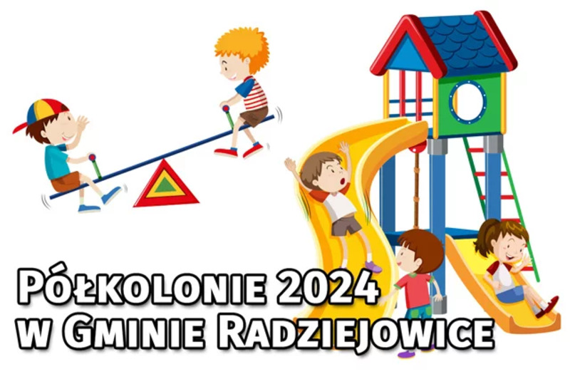 Grafika reklamująca półkolonie letnie w Gminie Radziejowice w 2024 roku.
