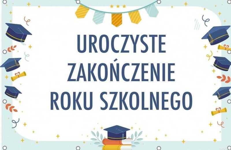Grafika przedstawiająca birety, książki oraz napis "Uroczyste zakończenie roku szkolnego"