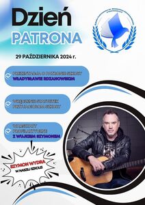 Plakat z logo szkoły oraz zdjęcie Szymona Wydry