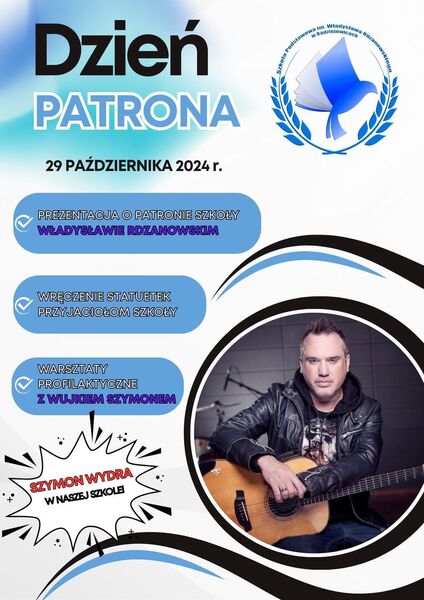 Plakat z logo szkoły oraz zdjęcie Szymona Wydry