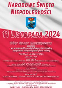 plakat z flagą Polski w tle oraz z herbem gminy Radziejowice