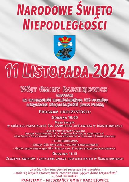 plakat z flagą Polski w tle oraz z herbem gminy Radziejowice