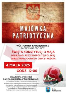 Plakat z flagą Polski i godłem Polski, czerwony hełm strażacki
