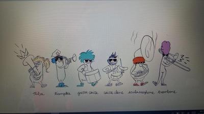 Nasza orkiestra w składzie: tuba, trąbka, bęben basowy,bębenek,suzafon i puzon.
