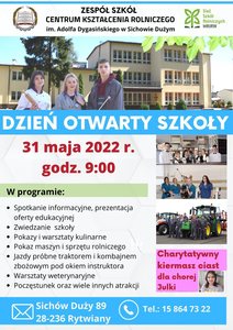 plakat informujący o dniu otwartym w szkole 31 maja 2022 o godzinie 9