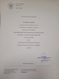 Tytuł Laureata w konkursie &quot;Kartka do weterana II wojny światowej&quot; dla Blanki Janety z kl. 5