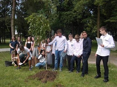 Ceremonia sadzenia pamiątkowego drzewka absolwenta przez uczniów klasy VIII szkoły podstawowej.