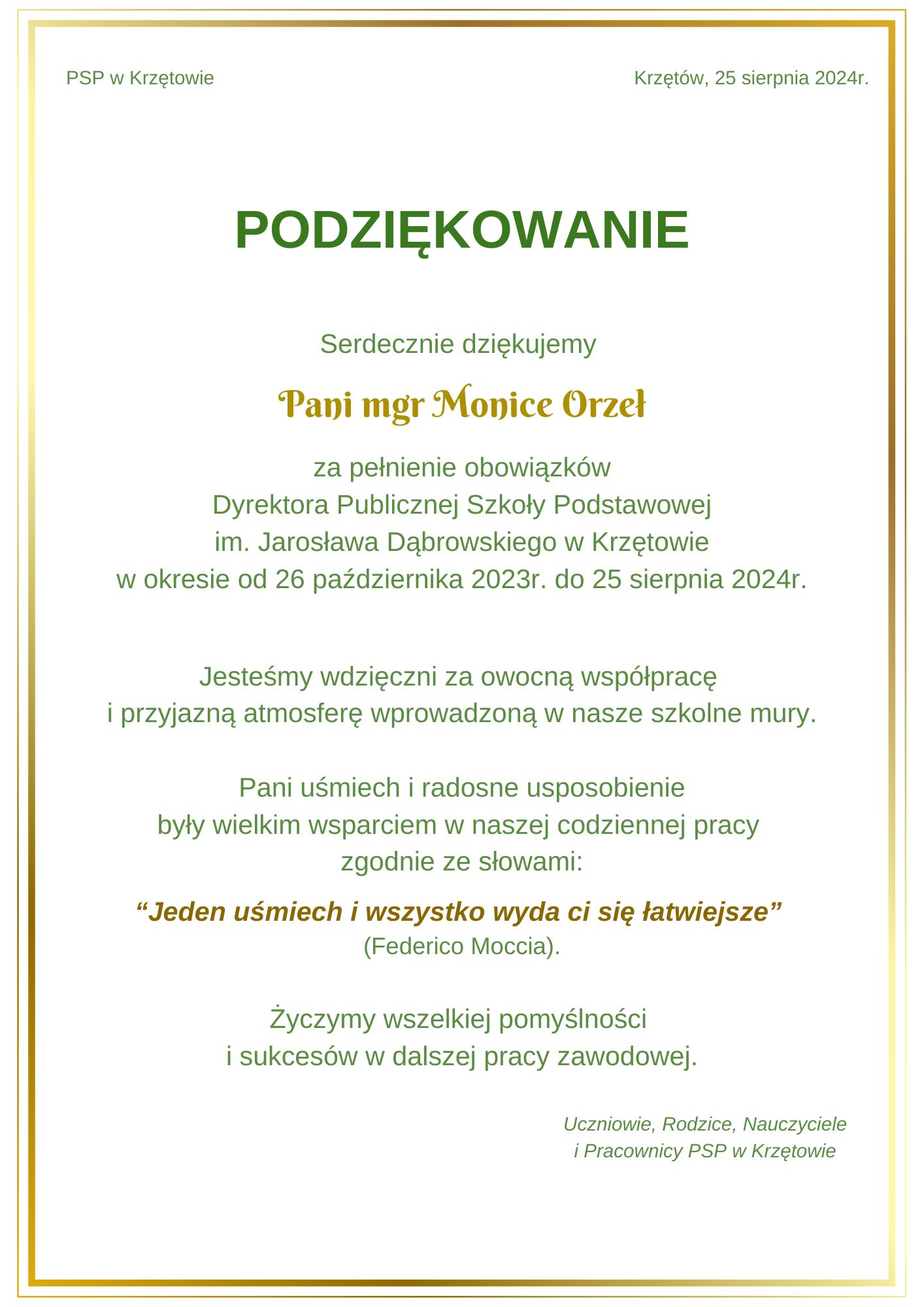 Podziękowanie za współpracę dla p. Monik Orzeł pełniącej obowiązki dyrektora w PSP w Krzętowie w okresie 26.10.2023r.-25.08.2024r.
