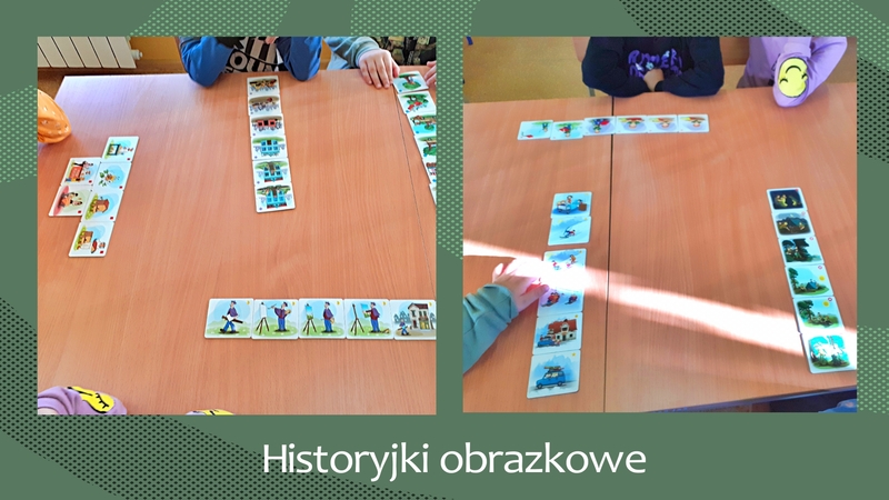Dzieci układają obrazki w logicznym porządku tworząc historyjkę.